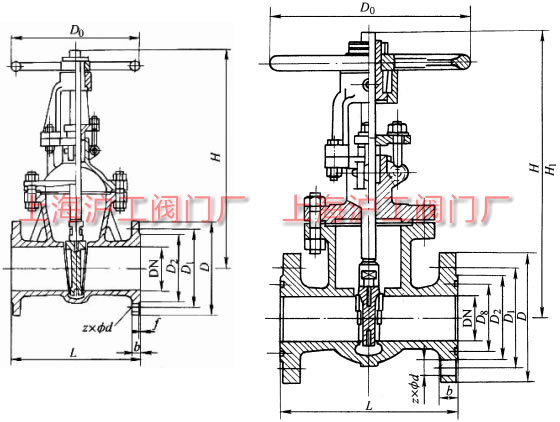 Z40W、Z40Y 不銹鋼閘閥外形及結(jié)構(gòu)尺寸示意圖