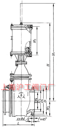 PZ641H 型 PN16~PN63 氣動鋼制排渣閘閥主要外形及結構尺寸示意圖